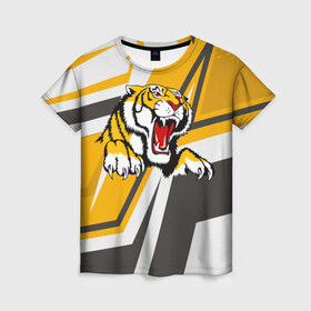 Женская футболка 3D с принтом Тигр в Кировске, 100% полиэфир ( синтетическое хлопкоподобное полотно) | прямой крой, круглый вырез горловины, длина до линии бедер | дыра | дырка | крупная кошка | разрывает | тигр | тигрица