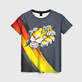 Женская футболка 3D с принтом Тигр разрывает изнутри в Кировске, 100% полиэфир ( синтетическое хлопкоподобное полотно) | прямой крой, круглый вырез горловины, длина до линии бедер | дыра | дырка | крупная кошка | разрывает | тигр | тигрица