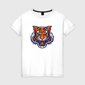 Женская футболка хлопок с принтом Голова тигра в Кировске, 100% хлопок | прямой крой, круглый вырез горловины, длина до линии бедер, слегка спущенное плечо | tiger | голова | животное | клыки | кот | кошка | тигр | черный