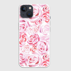 Чехол для iPhone 13 с принтом Розовые розы в Кировске,  |  | botanic | flower | pink | rose | summer | watercolor | акварель | акварельный | белый | ботаника | весна | летний | лето | нежный | пастельный | розовый | розы | цветочный | цветы