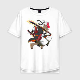 Мужская футболка хлопок Oversize с принтом Honey badger samurai в Кировске, 100% хлопок | свободный крой, круглый ворот, “спинка” длиннее передней части | Тематика изображения на принте: барсук | зверь | иллюстрация | китай | медоед | самурай