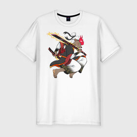 Мужская футболка хлопок Slim с принтом Honey badger samurai в Кировске, 92% хлопок, 8% лайкра | приталенный силуэт, круглый вырез ворота, длина до линии бедра, короткий рукав | барсук | зверь | иллюстрация | китай | медоед | самурай