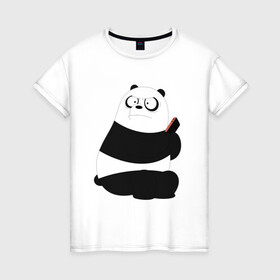 Женская футболка хлопок с принтом Возмущенная панда в Кировске, 100% хлопок | прямой крой, круглый вырез горловины, длина до линии бедер, слегка спущенное плечо | белый медведь | возмущение | животное | зависимость | медведь | панда | телефон