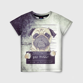 Детская футболка 3D с принтом Bad Puggy в Кировске, 100% гипоаллергенный полиэфир | прямой крой, круглый вырез горловины, длина до линии бедер, чуть спущенное плечо, ткань немного тянется | арест | арт | графика | животные | заключенный | звери | мопс | собаки