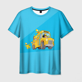 Мужская футболка 3D с принтом Автобус в Неверленд в Кировске, 100% полиэфир | прямой крой, круглый вырез горловины, длина до линии бедер | Тематика изображения на принте: bart | gomer | liza | simpsons | the simpson | барт | гомер | лиза | мульт | мультфильм | симпсоны