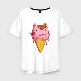 Мужская футболка хлопок Oversize с принтом Cat Ice Cream в Кировске, 100% хлопок | свободный крой, круглый ворот, “спинка” длиннее передней части | animal | cat | cute | ice cream | kitty | meow | друг | еда | животные | киска | кися | китти | кот | котенок | котик | котэ | кошечка | кошка | мороженое | мур | мяу | питомец