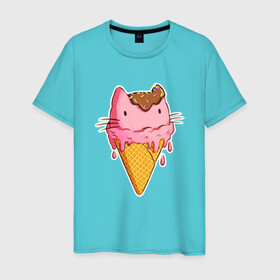 Мужская футболка хлопок с принтом Cat Ice Cream в Кировске, 100% хлопок | прямой крой, круглый вырез горловины, длина до линии бедер, слегка спущенное плечо. | Тематика изображения на принте: animal | cat | cute | ice cream | kitty | meow | друг | еда | животные | киска | кися | китти | кот | котенок | котик | котэ | кошечка | кошка | мороженое | мур | мяу | питомец