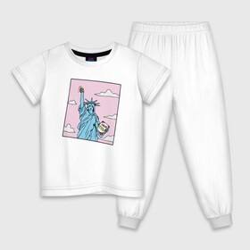 Детская пижама хлопок с принтом Liberty Pizza в Кировске, 100% хлопок |  брюки и футболка прямого кроя, без карманов, на брюках мягкая резинка на поясе и по низу штанин
 | Тематика изображения на принте: еда | пицца | прикол | статуя свободы | сша | фастфуд | юмор