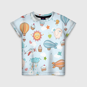 Детская футболка 3D с принтом Детские рисунки в Кировске, 100% гипоаллергенный полиэфир | прямой крой, круглый вырез горловины, длина до линии бедер, чуть спущенное плечо, ткань немного тянется | Тематика изображения на принте: воздушныйшар | детскиерисунки | облачко | слон | солнышко