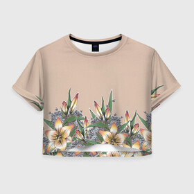 Женская футболка Crop-top 3D с принтом Лилии и сирень в Кировске, 100% полиэстер | круглая горловина, длина футболки до линии талии, рукава с отворотами | flowers | lilac | lilies | pink | plants | лилии | природа | растения | розовый | сирень | цветы
