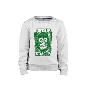 Детский свитшот хлопок с принтом Get Up - Stand Up в Кировске, 100% хлопок | круглый вырез горловины, эластичные манжеты, пояс и воротник | Тематика изображения на принте: bob marley | get up | get up stand up | gorilla | stand up | боб марли | вставай | горилла | обезьяна