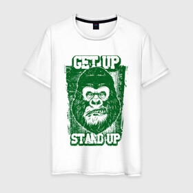 Мужская футболка хлопок с принтом Get Up - Stand Up в Кировске, 100% хлопок | прямой крой, круглый вырез горловины, длина до линии бедер, слегка спущенное плечо. | bob marley | get up | get up stand up | gorilla | stand up | боб марли | вставай | горилла | обезьяна