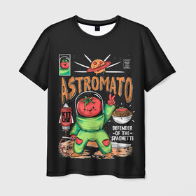 Мужская футболка 3D с принтом Astromato в Кировске, 100% полиэфир | прямой крой, круглый вырез горловины, длина до линии бедер | Тематика изображения на принте: alive | astronaut | defender | food | galaxy | ketchup | monster | moon | pizza | planet | space | spaghetti | tomato | vegetable | астронавт | галактика | еда | живая | живой | защитник | кетчуп | космос | луна | монстр | овощ | пицца | планета | помидор