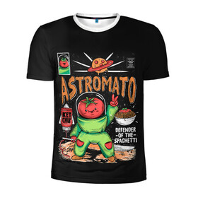 Мужская футболка 3D спортивная с принтом Astromato в Кировске, 100% полиэстер с улучшенными характеристиками | приталенный силуэт, круглая горловина, широкие плечи, сужается к линии бедра | alive | astronaut | defender | food | galaxy | ketchup | monster | moon | pizza | planet | space | spaghetti | tomato | vegetable | астронавт | галактика | еда | живая | живой | защитник | кетчуп | космос | луна | монстр | овощ | пицца | планета | помидор