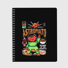 Тетрадь с принтом Astromato в Кировске, 100% бумага | 48 листов, плотность листов — 60 г/м2, плотность картонной обложки — 250 г/м2. Листы скреплены сбоку удобной пружинной спиралью. Уголки страниц и обложки скругленные. Цвет линий — светло-серый
 | alive | astronaut | defender | food | galaxy | ketchup | monster | moon | pizza | planet | space | spaghetti | tomato | vegetable | астронавт | галактика | еда | живая | живой | защитник | кетчуп | космос | луна | монстр | овощ | пицца | планета | помидор