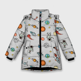 Зимняя куртка для девочек 3D с принтом Космический астронавт в Кировске, ткань верха — 100% полиэстер; подклад — 100% полиэстер, утеплитель — 100% полиэстер. | длина ниже бедра, удлиненная спинка, воротник стойка и отстегивающийся капюшон. Есть боковые карманы с листочкой на кнопках, утяжки по низу изделия и внутренний карман на молнии. 

Предусмотрены светоотражающий принт на спинке, радужный светоотражающий элемент на пуллере молнии и на резинке для утяжки. | космос | луна | млечный путь | ракета | станция