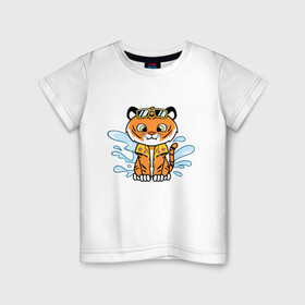 Детская футболка хлопок с принтом Тигренок на отдыхе в Кировске, 100% хлопок | круглый вырез горловины, полуприлегающий силуэт, длина до линии бедер | tiger | брызги воды | вода | животное | зверь | очки | тигр | тигренок | хищник