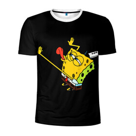 Мужская футболка 3D спортивная с принтом SpongeBob 3s в Кировске, 100% полиэстер с улучшенными характеристиками | приталенный силуэт, круглая горловина, широкие плечи, сужается к линии бедра | губка боб | на коленях | облизывает | один | спанч боб
