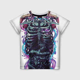 Детская футболка 3D с принтом Cuber skelet в Кировске, 100% гипоаллергенный полиэфир | прямой крой, круглый вырез горловины, длина до линии бедер, чуть спущенное плечо, ткань немного тянется | cyber | cyberpunk | cyborg | future | gwaenor | punk | retro | skeleton | киберпанк | киборг | ретро | скелет