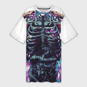 Платье-футболка 3D с принтом Cuber skelet в Кировске,  |  | cyber | cyberpunk | cyborg | future | gwaenor | punk | retro | skeleton | киберпанк | киборг | ретро | скелет