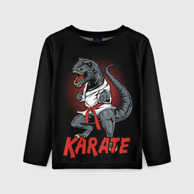 Детский лонгслив 3D с принтом KARATE T-REX в Кировске, 100% полиэстер | длинные рукава, круглый вырез горловины, полуприлегающий силуэт
 | animal | dinosaur | fight | fighter | hunter | karate | red | sport | strong | t rex | боец | бои | динозавр | карате | сила | спорт | тиранозавр | хищник