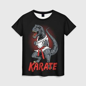 Женская футболка 3D с принтом KARATE T-REX в Кировске, 100% полиэфир ( синтетическое хлопкоподобное полотно) | прямой крой, круглый вырез горловины, длина до линии бедер | animal | dinosaur | fight | fighter | hunter | karate | red | sport | strong | t rex | боец | бои | динозавр | карате | сила | спорт | тиранозавр | хищник