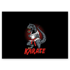 Поздравительная открытка с принтом KARATE T-REX в Кировске, 100% бумага | плотность бумаги 280 г/м2, матовая, на обратной стороне линовка и место для марки
 | animal | dinosaur | fight | fighter | hunter | karate | red | sport | strong | t rex | боец | бои | динозавр | карате | сила | спорт | тиранозавр | хищник