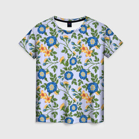 Женская футболка 3D с принтом Цветочки в Кировске, 100% полиэфир ( синтетическое хлопкоподобное полотно) | прямой крой, круглый вырез горловины, длина до линии бедер | абстракция | лютики | паттерн | текстуры | узоры | цветочки | цветы