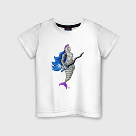 Детская футболка хлопок с принтом Русалка в доспехах в Кировске, 100% хлопок | круглый вырез горловины, полуприлегающий силуэт, длина до линии бедер | воин | доспехи | меч | подводный мир | русалка | синеволосая