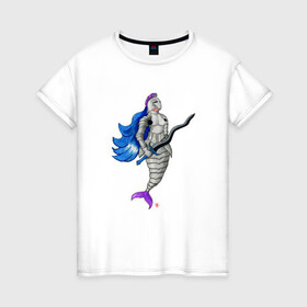 Женская футболка хлопок с принтом Русалка в доспехах в Кировске, 100% хлопок | прямой крой, круглый вырез горловины, длина до линии бедер, слегка спущенное плечо | воин | доспехи | меч | подводный мир | русалка | синеволосая