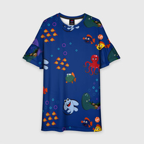 Детское платье 3D с принтом подводный мир в Кировске, 100% полиэстер | прямой силуэт, чуть расширенный к низу. Круглая горловина, на рукавах — воланы | blue | children | fish | marine | ocean | акула | вода | детская иллюстрация | желтый | золотая рыбка | игры | красный | лето | море | морской | мультяшный | мяч | океан | осьминог | подводный | принт для детей | пузыри