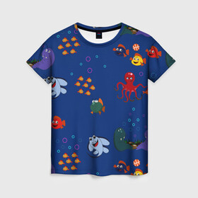 Женская футболка 3D с принтом подводный мир в Кировске, 100% полиэфир ( синтетическое хлопкоподобное полотно) | прямой крой, круглый вырез горловины, длина до линии бедер | blue | children | fish | marine | ocean | акула | вода | детская иллюстрация | желтый | золотая рыбка | игры | красный | лето | море | морской | мультяшный | мяч | океан | осьминог | подводный | принт для детей | пузыри