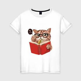 Женская футболка хлопок с принтом Умный кот в Кировске, 100% хлопок | прямой крой, круглый вырез горловины, длина до линии бедер, слегка спущенное плечо | карандаш | книга | кот | котик | кошка | мысли | очки | пушистый | рыжий | создания | умный | ученый | чтение