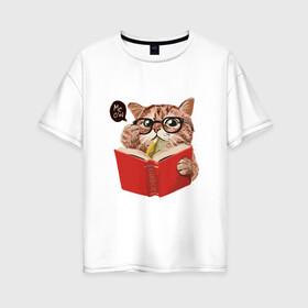Женская футболка хлопок Oversize с принтом Умный кот в Кировске, 100% хлопок | свободный крой, круглый ворот, спущенный рукав, длина до линии бедер
 | карандаш | книга | кот | котик | кошка | мысли | очки | пушистый | рыжий | создания | умный | ученый | чтение
