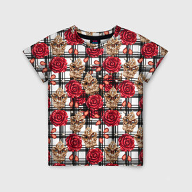 Детская футболка 3D с принтом Розы в клеточку в Кировске, 100% гипоаллергенный полиэфир | прямой крой, круглый вырез горловины, длина до линии бедер, чуть спущенное плечо, ткань немного тянется | абстракция | паттерн | розы | текстуры | узоры | цветочки | цветы