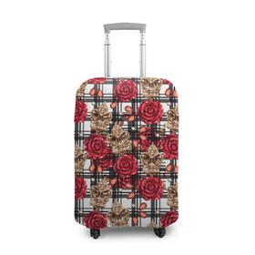 Чехол для чемодана 3D с принтом Розы в клеточку в Кировске, 86% полиэфир, 14% спандекс | двустороннее нанесение принта, прорези для ручек и колес | абстракция | паттерн | розы | текстуры | узоры | цветочки | цветы