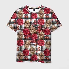 Мужская футболка 3D с принтом Розы в клеточку в Кировске, 100% полиэфир | прямой крой, круглый вырез горловины, длина до линии бедер | Тематика изображения на принте: абстракция | паттерн | розы | текстуры | узоры | цветочки | цветы