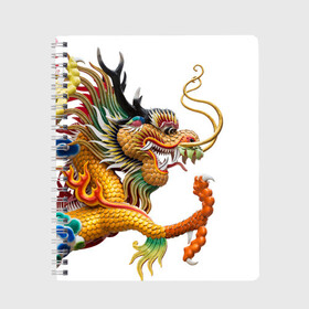 Тетрадь с принтом Желтый китайский дракон 3D в Кировске, 100% бумага | 48 листов, плотность листов — 60 г/м2, плотность картонной обложки — 250 г/м2. Листы скреплены сбоку удобной пружинной спиралью. Уголки страниц и обложки скругленные. Цвет линий — светло-серый
 | Тематика изображения на принте: азиатский дракон | дракон | дракон 3d | дракон 3д | желтый | желтый азиатский дракон | желтый дракон | желтый китайский дракон | желтый японский дракон | золотой | золотой дракон