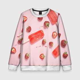 Детский свитшот 3D с принтом Мороженое и клубника в Кировске, 100% полиэстер | свободная посадка, прямой крой, мягкая тканевая резинка на рукавах и понизу свитшота | вода | капля | клубника | лёд | мороженое | фрукт | холод | ягода