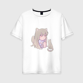 Женская футболка хлопок Oversize с принтом Неко девочка в Кировске, 100% хлопок | свободный крой, круглый ворот, спущенный рукав, длина до линии бедер
 | kawaii | девушка | кошка | рисунок | розовый