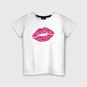 Детская футболка хлопок с принтом Сахарный поцелуй губ в Кировске, 100% хлопок | круглый вырез горловины, полуприлегающий силуэт, длина до линии бедер | блестки | блестящий | губки | губы | краски | отпечаток | поцелуй | розовый