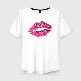Мужская футболка хлопок Oversize с принтом Сахарный поцелуй губ в Кировске, 100% хлопок | свободный крой, круглый ворот, “спинка” длиннее передней части | Тематика изображения на принте: блестки | блестящий | губки | губы | краски | отпечаток | поцелуй | розовый