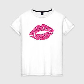 Женская футболка хлопок с принтом Сахарный поцелуй губ в Кировске, 100% хлопок | прямой крой, круглый вырез горловины, длина до линии бедер, слегка спущенное плечо | Тематика изображения на принте: блестки | блестящий | губки | губы | краски | отпечаток | поцелуй | розовый