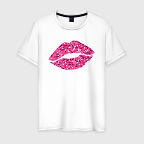 Мужская футболка хлопок с принтом Сахарный поцелуй губ в Кировске, 100% хлопок | прямой крой, круглый вырез горловины, длина до линии бедер, слегка спущенное плечо. | блестки | блестящий | губки | губы | краски | отпечаток | поцелуй | розовый