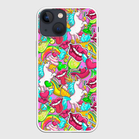 Чехол для iPhone 13 mini с принтом Губы фреш в Кировске,  |  | губки | губы | единорог | зубы | коктейль | корона | краски | пирог | пирожное | поцелуй | радуга | разводы | розовый | сердце | сочный | туфли | улыбки | фрукты | цвет | цвета | язык