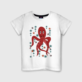 Детская футболка хлопок с принтом Осьминог в Кировске, 100% хлопок | круглый вырез горловины, полуприлегающий силуэт, длина до линии бедер | морская живность | морское чудовище | осьминог | подводный мир | щупальца осьминога
