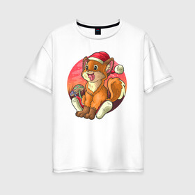 Женская футболка хлопок Oversize с принтом Новогодний лисёнок в Кировске, 100% хлопок | свободный крой, круглый ворот, спущенный рукав, длина до линии бедер
 | арт | грибочки | дикое животное | иллюстрация | лисёнок