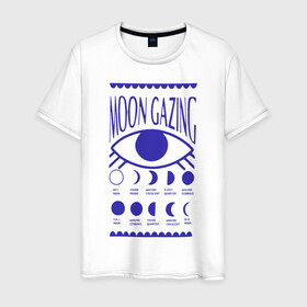 Мужская футболка хлопок с принтом Moon Gazing в Кировске, 100% хлопок | прямой крой, круглый вырез горловины, длина до линии бедер, слегка спущенное плечо. | Тематика изображения на принте: астрология | взгляд | глаз | затмения | луна | око | синий | фазы луны
