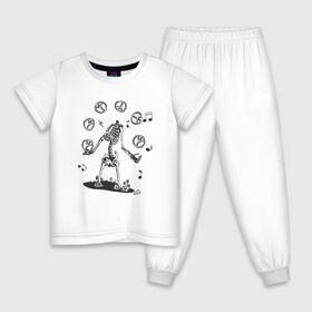 Детская пижама хлопок с принтом Peace & Music в Кировске, 100% хлопок |  брюки и футболка прямого кроя, без карманов, на брюках мягкая резинка на поясе и по низу штанин
 | любовь | мир | музыка | ноты | скелет | хиппи | черно белый