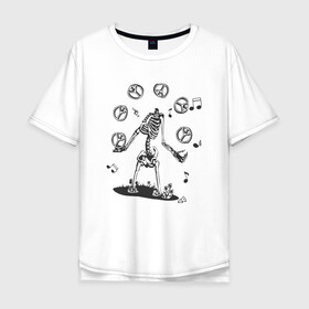 Мужская футболка хлопок Oversize с принтом Peace & Music в Кировске, 100% хлопок | свободный крой, круглый ворот, “спинка” длиннее передней части | Тематика изображения на принте: любовь | мир | музыка | ноты | скелет | хиппи | черно белый